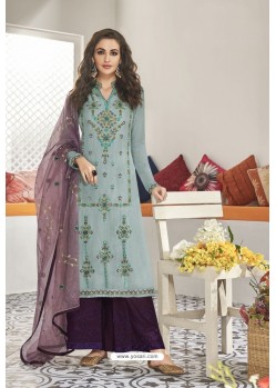 Turquoise And Purple Maslin Silk Party Wear Designer Palazzo Suit