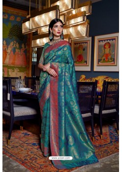 Teal Soft Silk Weaving Party Wear Saree