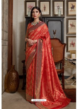 Tomato Red Soft Silk Weaving Party Wear Saree