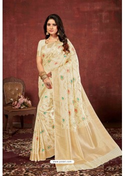 Off White Designer Dola Silk Party Wear Saree