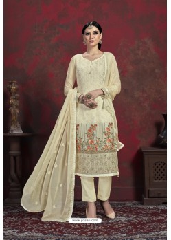 Fabulous Cream Designer Chiffon Party Wear Salwar Suit