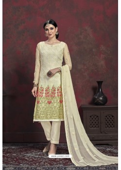 Lovely Cream Designer Chiffon Party Wear Salwar Suit