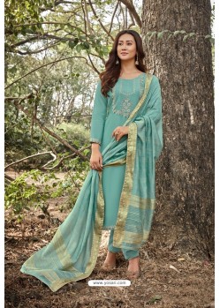 Sky Blue Heavy Muslin Designer Straight Suit