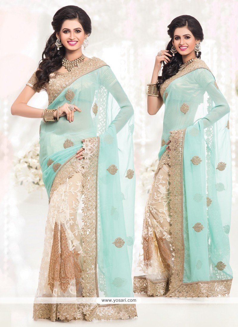 Exceptional Faux Chiffon Off White And Turquoise Half N Half Designer Saree