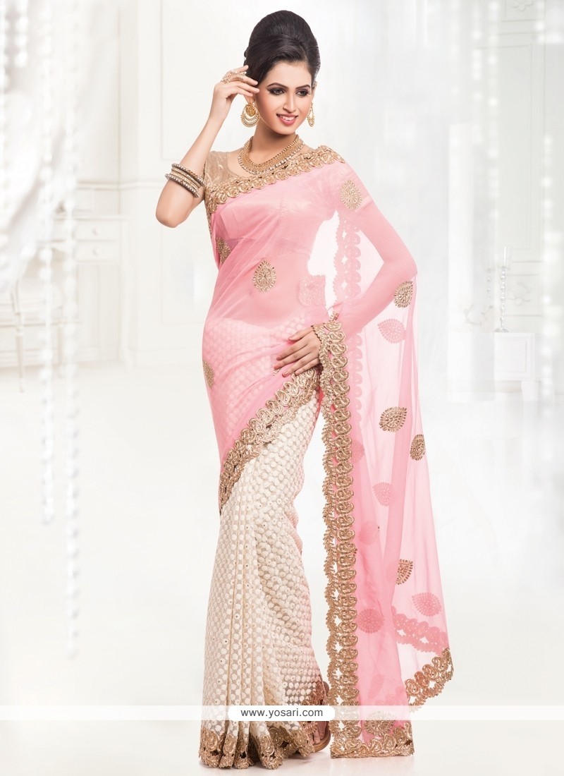 Affectionate Faux Chiffon Hot Pink And Off White Half N Half Saree