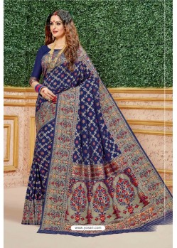 Navy Blue Designer Dola Silk With Meenakari Silk Saree