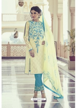 Light Yellow Georgette Jacquard Thread Worked Designer Suit