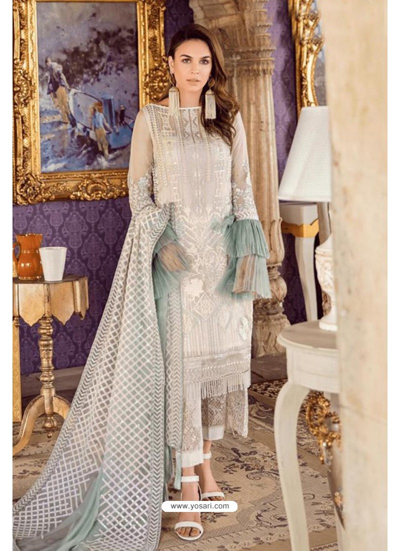 Buy Off White Designer Pakistani Style Heavy Net Suit With Sea Green Dupatta