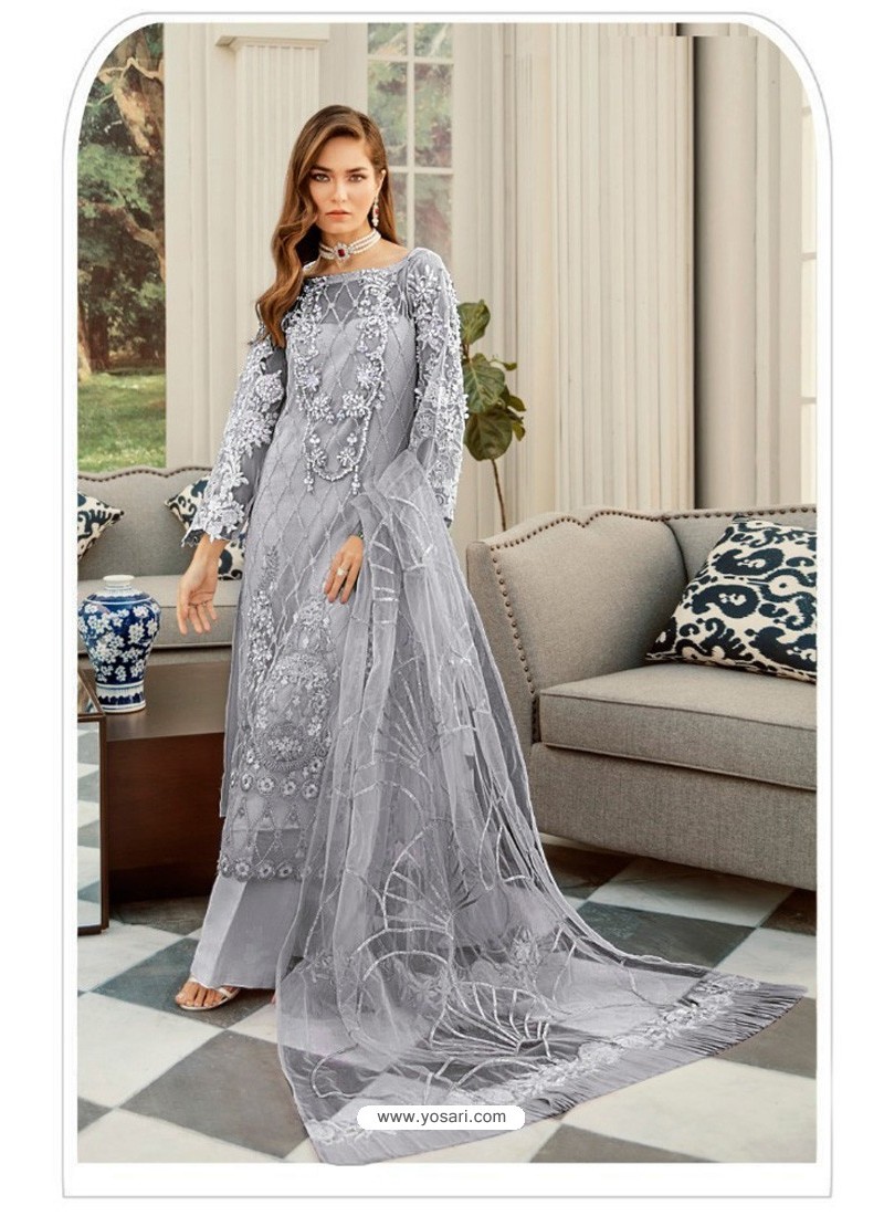 Buy Grey Pakistani Style Heavy Net Designer Suit | Designer Salwar ...
