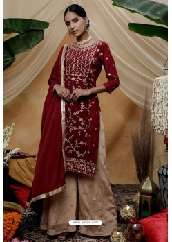 Maroon And Cream Chinon Party Wear Palazzo Suit