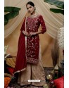 Maroon And Cream Chinon Party Wear Palazzo Suit