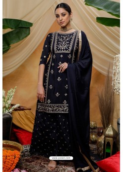 Navy Blue Chinon Party Wear Palazzo Suit