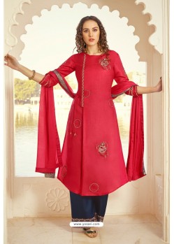 Red And Blue Tussar Silk Designer Palazzo Suit