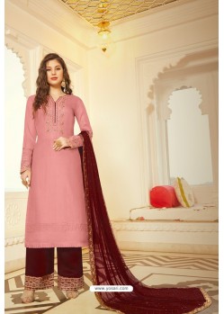 Pink And Maroon Tussar Silk Designer Palazzo Suit