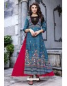 Teal Blue And Pink Cotton And Rayon Fancy Readymade Kurti