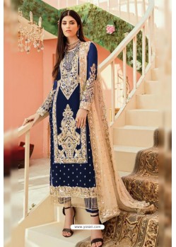 Navy Blue Faux Georgette And Tussle Heavy Designer Suit