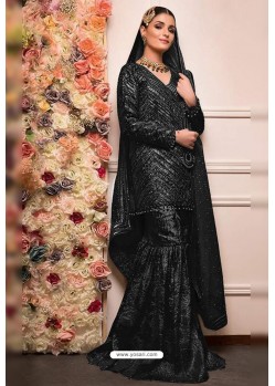 Black Faux Georgette Pakistani Style Sharara Suit