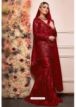 Red Faux Georgette Pakistani Style Sharara Suit