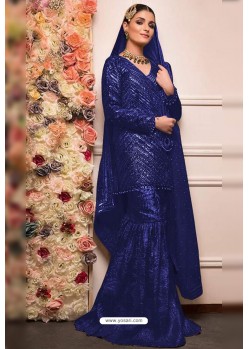 Navy Blue Faux Georgette Pakistani Style Sharara Suit