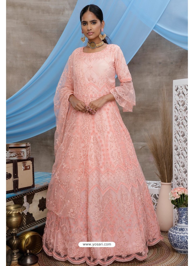 Peach Net Embroidered Designer Gown Style Suit