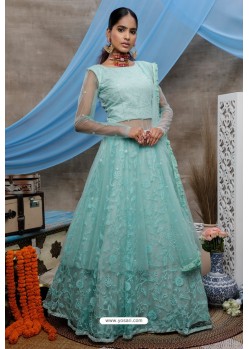 Firozi Net Embroidered Designer Lehenga Style Gown Suit