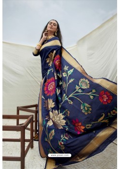 Navy Blue Pure Soft Silk Designer Traditional Wear Saree