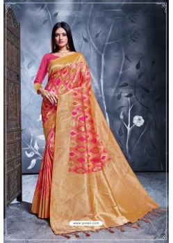 Orange And Pink Rich Banarasi Silk Party Wear Saree