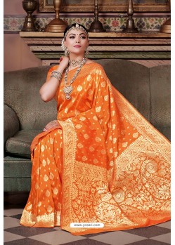 Orange Pure Silk Weaving Party Wear Saree