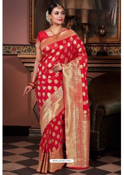 Red Pure Silk Weaving Party Wear Saree