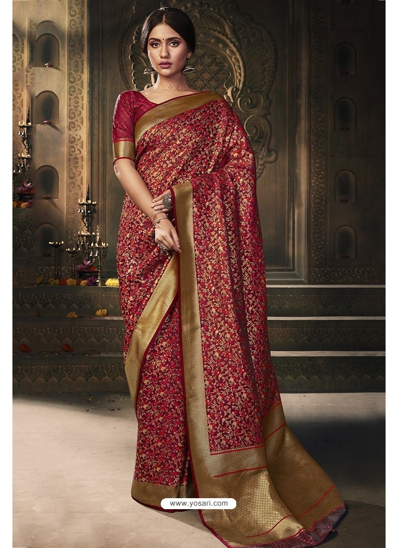 Buy Maroon Pure Silk Woven Design Banarasi Saree online | Looksgud.in
