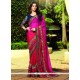 Gleaming Georgette Hot Pink And Red Lace Work Designer Saree