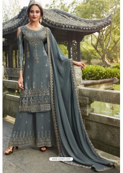 Grey Chinon Latest Party Wear Palazzo Suit