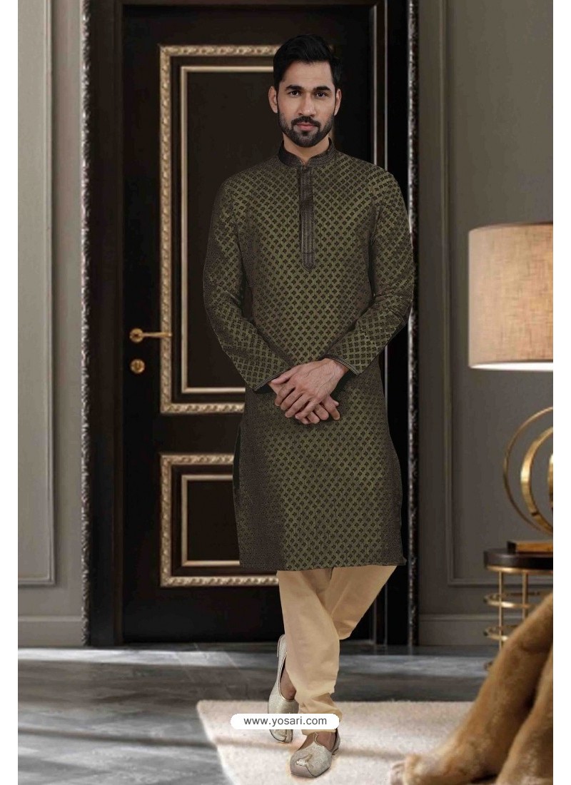 Mehndi Jacquard Silk Kurta Pajama 220324