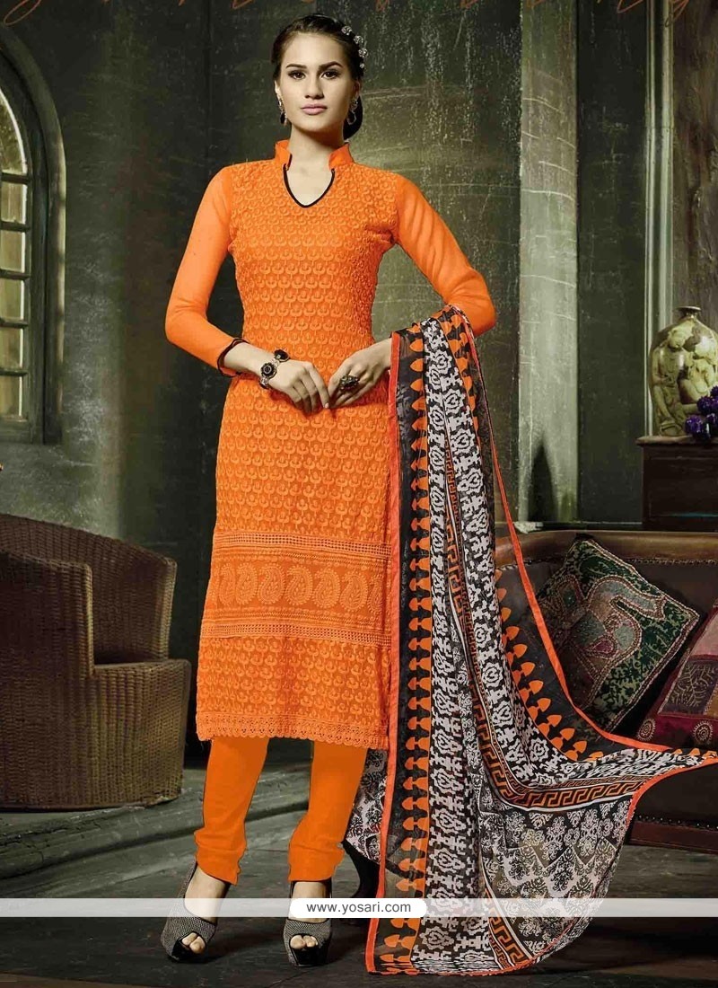 Distinctive Georgette Orange Embroidered Work Churidar Salwar Suit