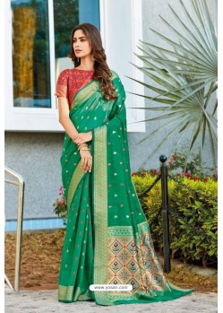 Forest Green Weaving Silk Jacquard Worked Designer Saree