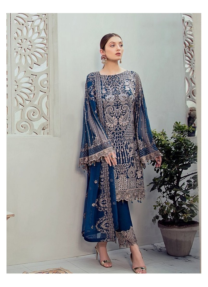 peacock blue georgette embroidered designer pakistani style suit