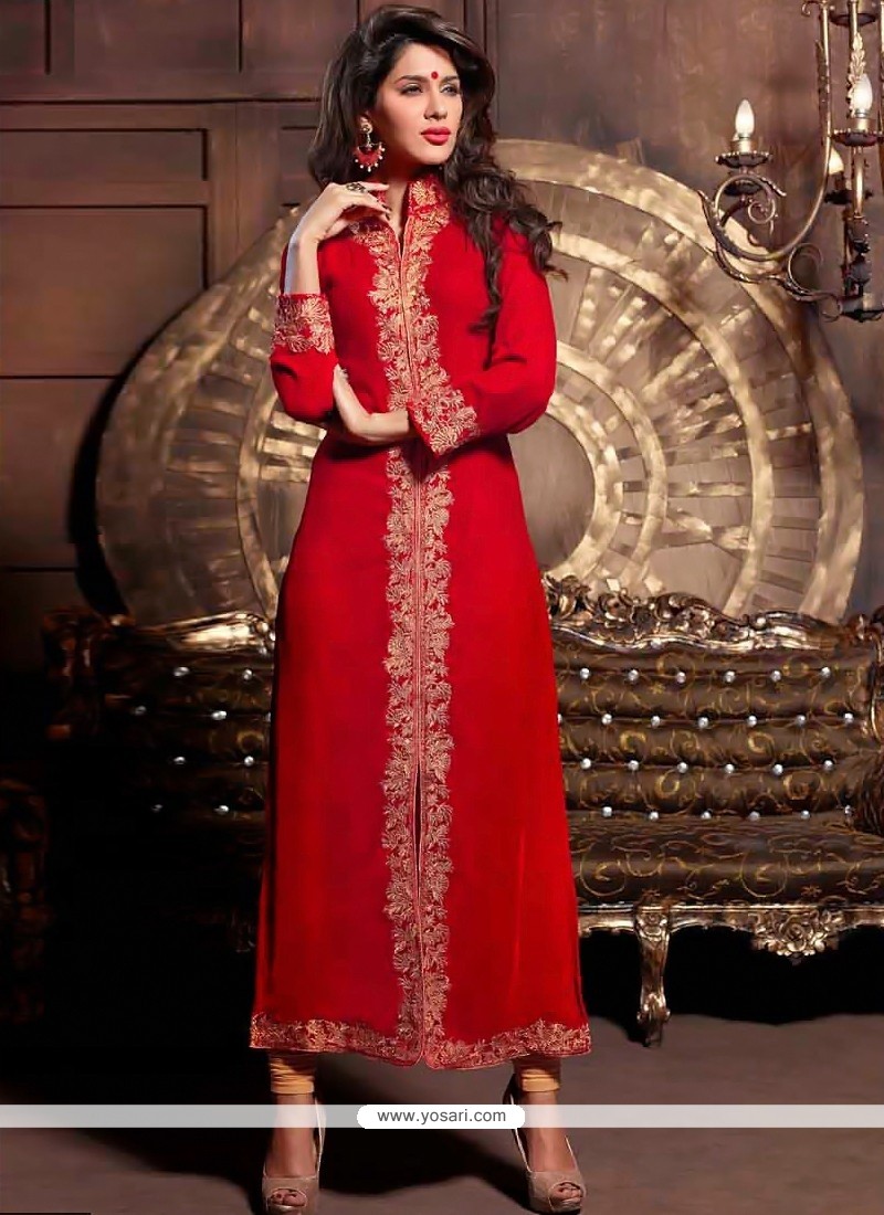 Radiant Red Zari Velvet Churidar Suit
