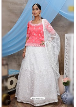 White And Hot Pink Net Embroidered Designer Lehenga Choli