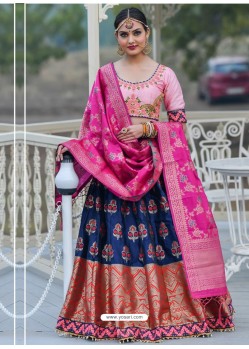 Navy And Pink Designer Banarasi Silk Lehenga Choli