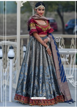 Grey And Maroon Designer Banarasi Silk Lehenga Choli