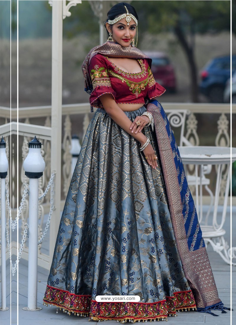Radiant Wine Colored Designer Wedding Wear Woven Banarasi Silk Lehenga Choli
