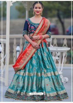 Turquoise And Blue Designer Banarasi Silk Lehenga Choli