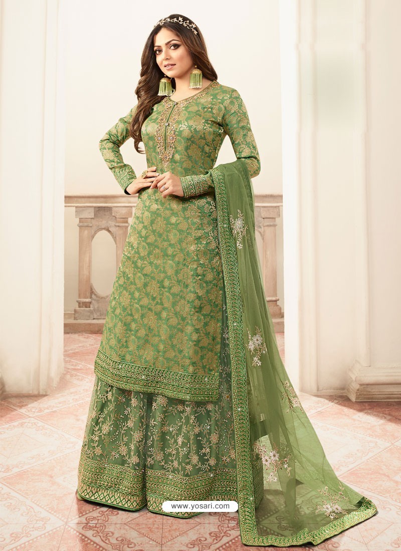 Buy Green Jacquard Embroidered Heavy Designer Suit | Palazzo Salwar Suits