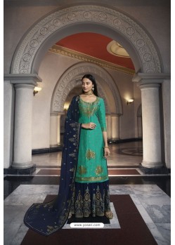 Teal And Blue Pure Dola Jacquard Heavy Designer Suit