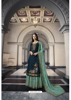 Tealblue And Green Pure Dola Jacquard Heavy Designer Suit