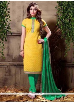 Delectable Embroidered Work Yellow Churidar Designer Suit