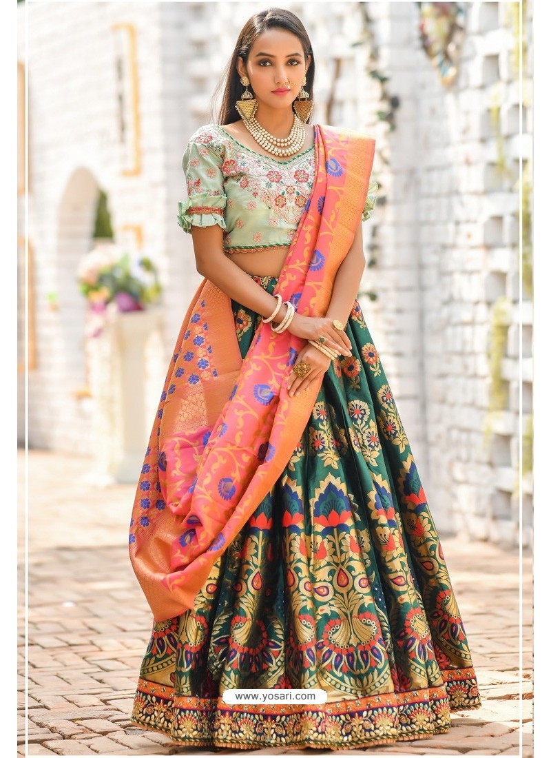 Buy Green Banarasi Embroidered Zari Work V Neck Floral Lehenga Set For  Women by Anjana Bohra Online at Aza Fashions.
