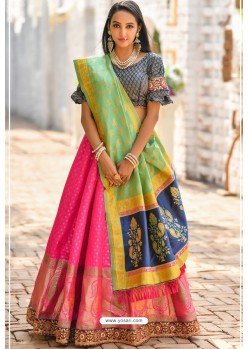 Rani And Navy Banarasi Silk Designer Lehenga Choli