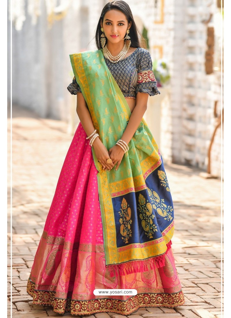 Crown Of Thorns Pink and Green Banarasi Silk Lehenga Choli – MySilkLove