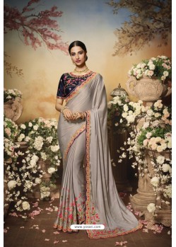 Light Grey Partywear Chiffon Satin Designer Saree